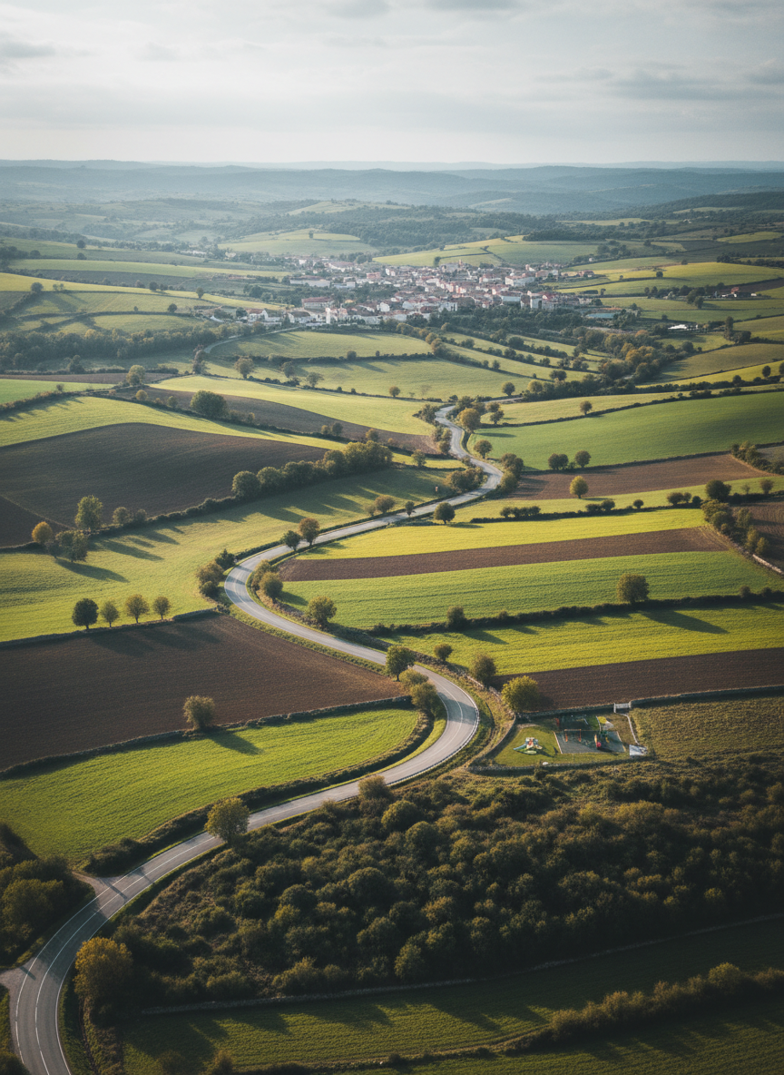 A panoramic, bird’s-eye photographic view of the countryside surrounding El Águila, focusing on the winding road that leads to the village. The landscape is a tapestry of patchwork fields in varying greens and earthy browns, bordered by low stone walls and small groves of trees. In the distance, the clustered red-tiled roofs of the village peek out, with the primary school building subtly highlighted by its brighter facade and small playground. Soft, hazy late-morning sunlight filters through thin clouds, creating a gentle, dreamy atmosphere with muted shadows and a sense of depth. The composition uses sweeping lines to guide the eye toward the village, evoking a welcoming, adventurous, and slightly whimsical mood that hints at the tours offered there.