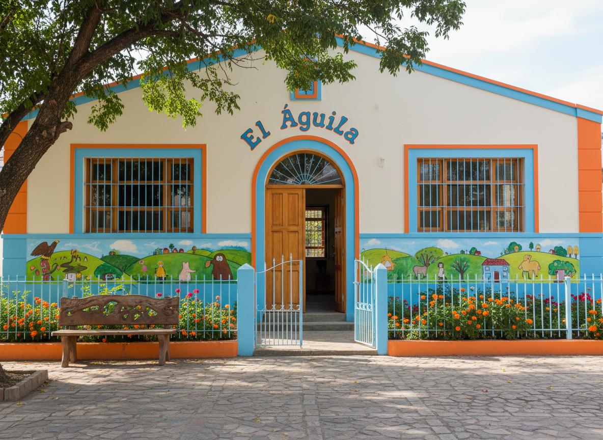 An inviting entrance of the primary school of El Águila, photographed with no people present, featuring a freshly painted facade in soft cream with playful accents of sky blue and bright orange. The school’s name is hand-painted above the doorway in cheerful, slightly whimsical lettering. Colorful student-made murals of local animals, fields, and village scenes decorate the lower walls. A small garden bed with blooming marigolds and geraniums flanks the simple gate, and a donated wooden bench sits nearby. Gentle mid-morning sunlight casts soft shadows from a nearby tree, creating lively patterns on the ground. Shot from eye level with a balanced, centered composition and sharp focus, the image radiates warmth, hope, and community spirit in a realistic, vibrant photographic style.