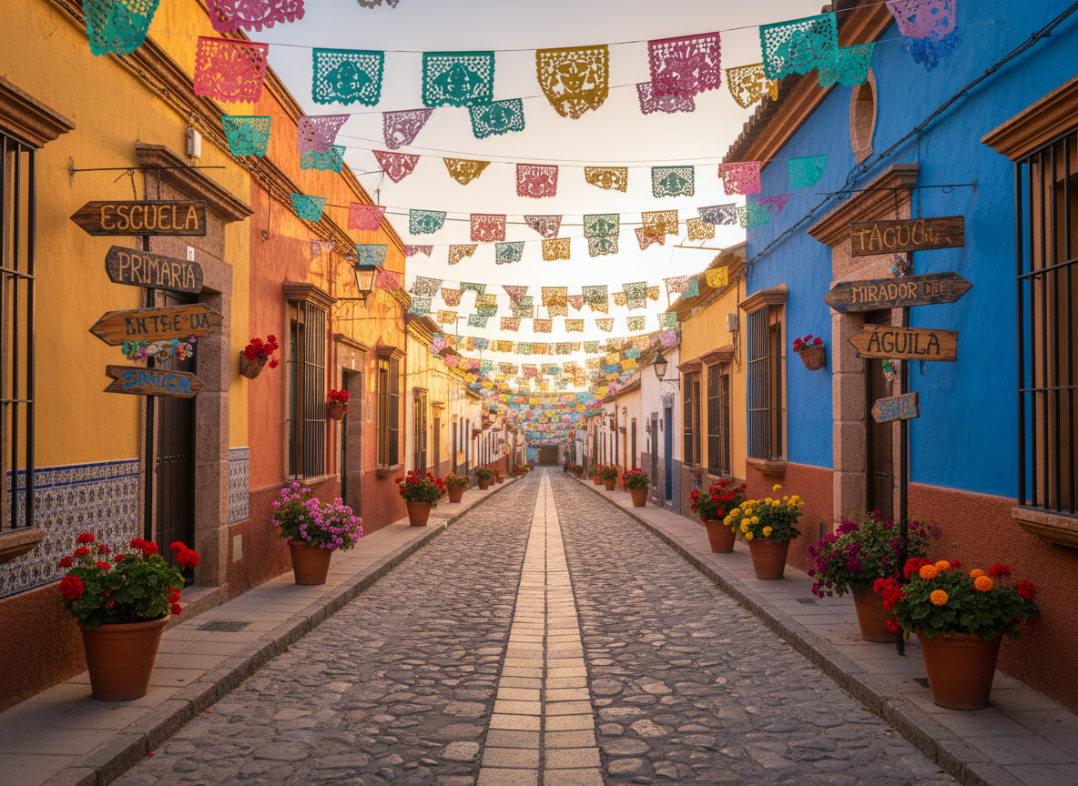 A charming, sunlit village street in El Águila captured without any people, featuring a playful mix of brightly painted facades in sunny yellows, terracotta oranges, and deep blues. Hand-lettered wooden signs point toward the primary school and local landmarks, while festive papel picado banners in vivid colors stretch overhead, fluttering gently. The cobblestone path runs through the center of the frame, dotted with terracotta pots overflowing with flowers. Late afternoon golden hour light bathes the scene, creating long, soft shadows and a warm, celebratory glow. Shot from a slightly low, wide-angle perspective with sharp focus from front to back, the composition draws the eye into the village, embodying a photographic, vibrant, and playful atmosphere perfect for a community celebration.