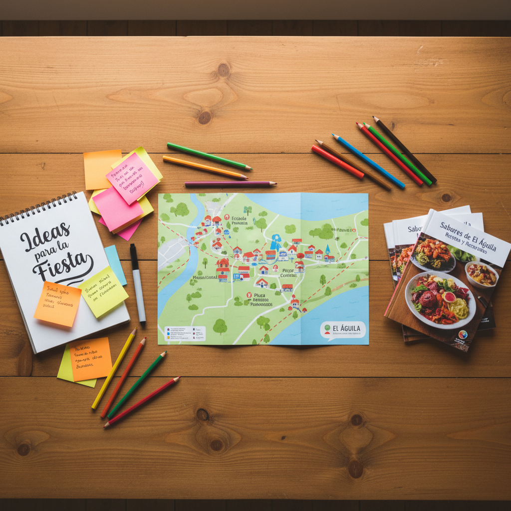 A playful, overhead photographic composition of a table set up for planning tours of El Águila, carefully staged without any people. At the center lies a folded illustrated map of the village, with landmarks like the primary school, plaza, and scenic overlooks marked by tiny, colorful icons. Beside it, a spiral-bound notebook titled “Ideas para la Fiesta” sits open, surrounded by bright sticky notes, colored pencils, and a small stack of glossy tour brochures featuring the cookbook. The tabletop is a warm, honey-colored wood with visible knots. Soft, diffused daylight from a nearby window illuminates the scene evenly, creating minimal shadows and a cheerful, organized mood. The sharp, top-down composition emphasizes details and color, giving an energetic, community-driven feeling.