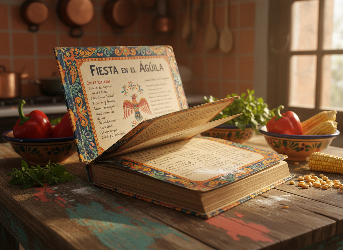 A colorful, well-worn village cookbook open to a traditional El Águila recipe, its slightly curled pages speckled with faint flour marks and handwritten notes in the margins. The book rests on a rustic wooden table with visible grain and sun-faded paint in soft turquoise and coral, echoing the playful spirit of the town. Around it, neatly arranged ceramic bowls overflow with bright local ingredients: glossy red peppers, emerald herbs, and golden corn. Warm afternoon sunlight filters through an unseen window, casting gentle, dappled shadows and emphasizing textures. Shot at eye level with a shallow depth of field, the cookbook title “Fiesta en el Águila” is in sharp focus, while the background of blurred tiled walls and hanging utensils creates a vibrant, photographic realism that feels inviting and joyful.