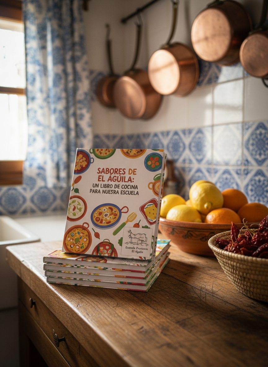 A cozy, sun-washed corner of a village kitchen in El Águila, showcasing a tidy display of the fundraiser cookbook copies stacked in a cheerful, slightly uneven tower. The glossy covers feature colorful illustrations of local dishes and a small sketch of the primary school. The stack stands on a handcrafted wooden counter with visible knife marks, beside a bowl of freshly picked citrus and a woven straw basket filled with dried chiles. Soft morning light streams through a nearby window with patterned curtains, creating gentle highlights on the book covers and subtle reflections on nearby glazed tiles. Captured from a three-quarter, slightly elevated angle with a shallow depth of field, the foreground cookbooks are crisp and detailed, while the background of hanging copper pans falls into a warm, playful photographic blur.