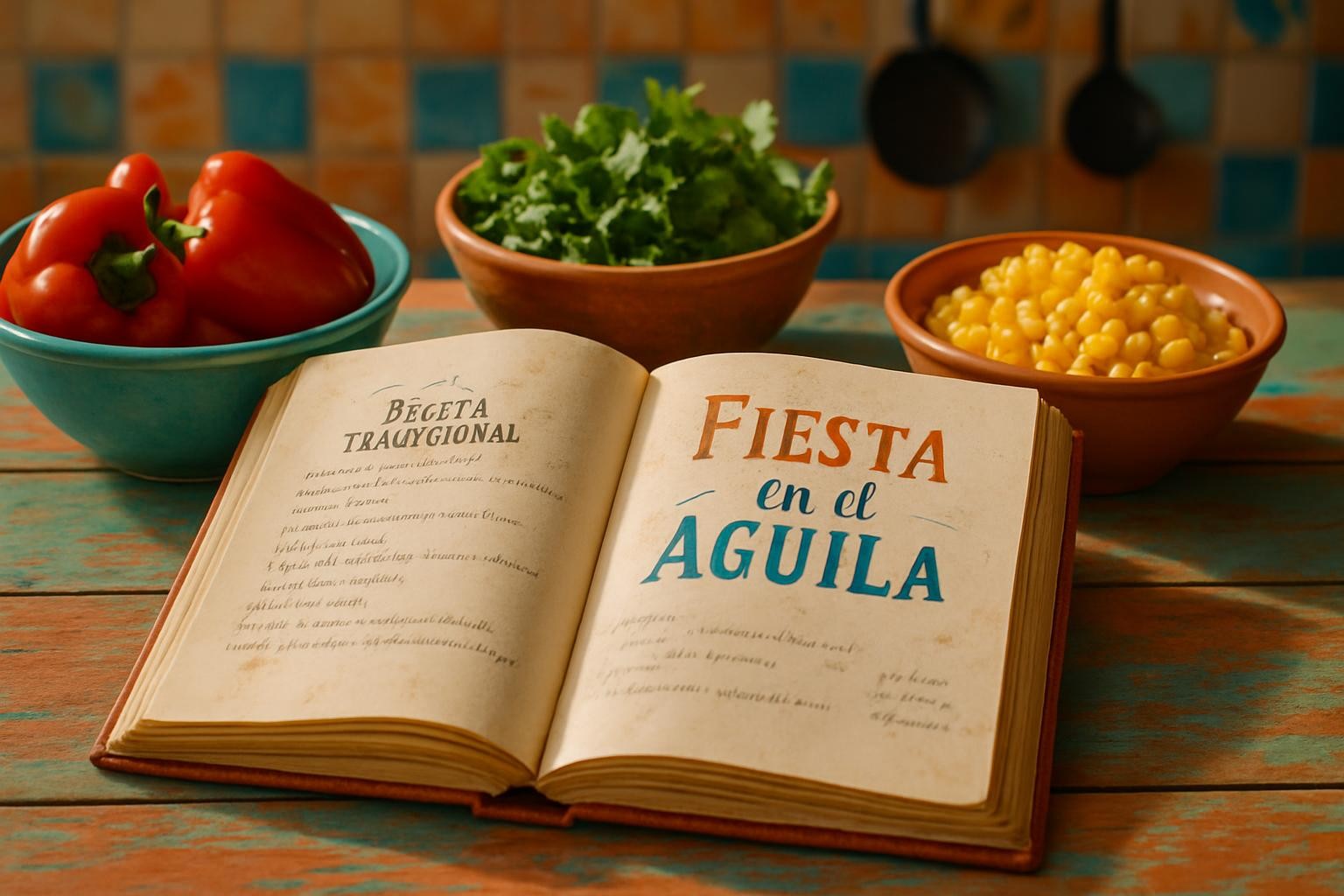 A colorful, well-worn village cookbook open to a traditional El Águila recipe, its slightly curled pages speckled with faint flour marks and handwritten notes in the margins. The book rests on a rustic wooden table with visible grain and sun-faded paint in soft turquoise and coral, echoing the playful spirit of the town. Around it, neatly arranged ceramic bowls overflow with bright local ingredients: glossy red peppers, emerald herbs, and golden corn. Warm afternoon sunlight filters through an unseen window, casting gentle, dappled shadows and emphasizing textures. Shot at eye level with a shallow depth of field, the cookbook title “Fiesta en el Águila” is in sharp focus, while the background of blurred tiled walls and hanging utensils creates a vibrant, photographic realism that feels inviting and joyful.